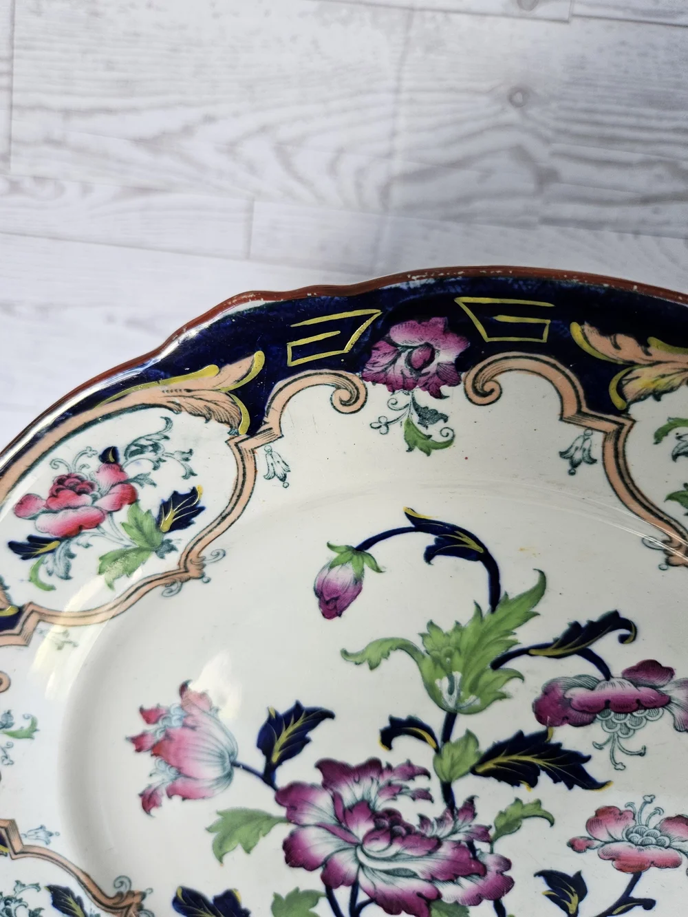 Antique Cauldon England Ironstone Plate Floral Indian Tree Cobalt Blue Gold